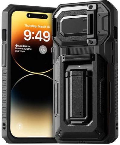 SZSSZSM for iPhone 14 Pro Wallet Case with Slide Card Holder, Black | Card Holder with RFID Blocking, Kickstand, Camera Lens Cover, Rugged, Drop Protection Shockproof