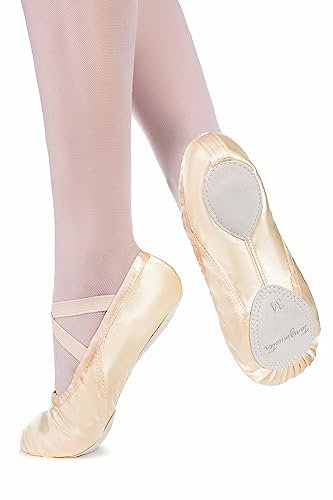 tanzmuster Ballettschuhe Mädchen - Sammy - Satin - Geteilte Ledersohle - Ballettschläppchen für Kinder - Champagner, Größe:30
