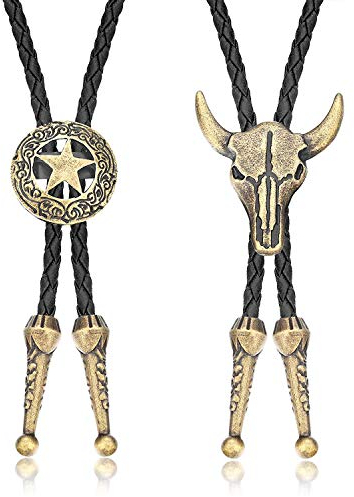 Finrezio 2 Stücke Bolotie für Männer Frauen Unisex Halskette Leder Kette Western Cowboy Lange Anhänger Halskette Bolo Tie Bronzen
