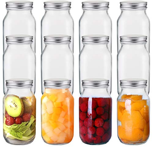 Jucoan Einmachgläser, Vorratsdosen, Vorratsgläser mit breiter Öffnung, 750 ml, mit luftdichtem Metalldeckel, für Obst, Gemüse, Gurken, Tomatensaft und Saucen, 12 Stück