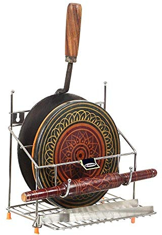 Radhna 5-in-1 Premium-Edelstahl-Halterung für Chakren, Belan, Chimta, Tava und Feuerzeuge | Küchenorganizer zum Aufhängen von runden Brettern, Nudelholz, Zange und Zange, Grillplatte