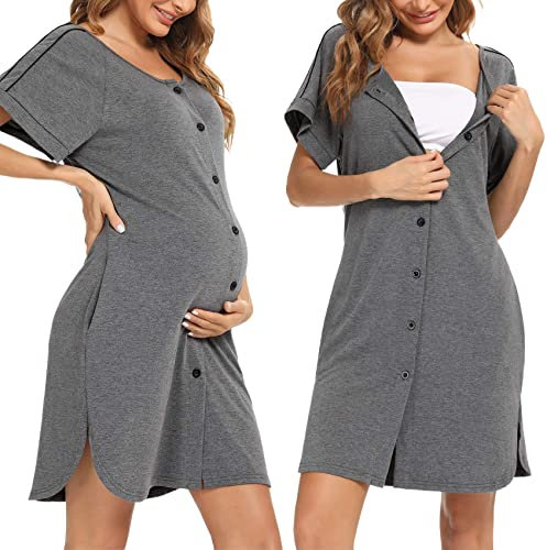 iClosam Chemise de Nuit Maternité Femme Coton Robe Allaitement Con Bouton Pyjama Maternité Manche Courte Nuisette Enceinte Devant Ouvert Doux et Confortable S-XXL