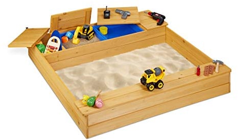 Relaxdays Arenero Niños con Compartimento Barro, Cajón de Arena de Madera, Plástico, con Banco, 125 x 120 cm, Natural