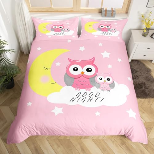 Mädchen Bettwäsche 135x200cm Rose Eule Bettwäsche Set für Kinder Teenager Tiere Thema Mikrofaser Betten Set Mond Sterne Wolke Drucken Bettbezug Set Süß Schön 2St