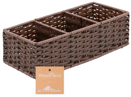 myHomeBody Wicker Basket With 3 Compartments, For Toilet Tank Paper Rolls, Hand Woven Bathroom Countertop Organizer, Bedroom Organization, 1pc, Dark Walnut