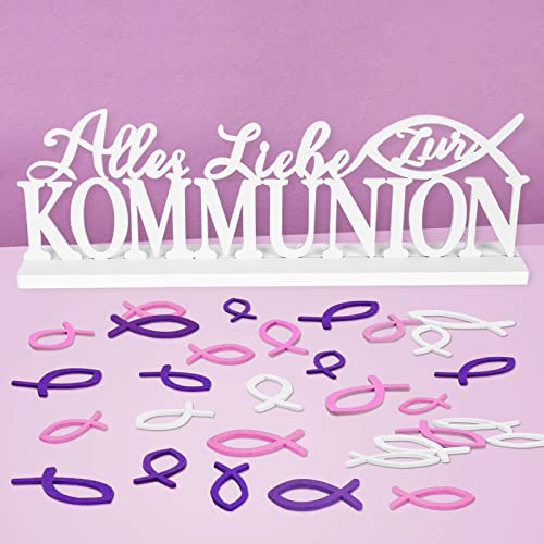 FORMIZON Kommunion Tischdeko, Schriftzug Tischdeko Kommunion, Alles Liebe zur Kommunion Tischdeko mit 72 STK Streudeko Fische Holz Dekoration, Taufedeko Junge Mädchen Taufe Konfirmation Deko (Rosa)