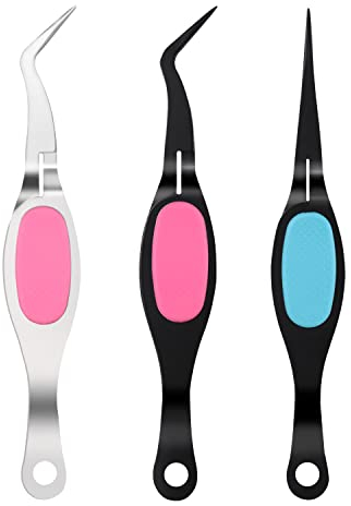 KINBOM Pinzette zum Basteln, 3 Stück Reverse Tweezers Pinzette Gebogen Edelstahl mit Gebogener Spitze und Gerader Spitze für Handwerkliche Perlenstickerei Wimpern Nagelkunstlabor