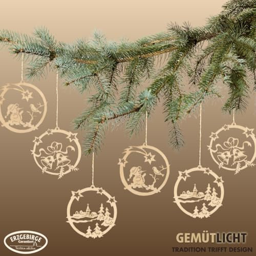 WEIGLA - Baumbehang aus Holz original Erzgebirge I Christbaumschmuck I 6-teiliges Baumbehangset Weihnachtskugeln I schöne Bastel- und Geschenkidee für Groß und Klein I Geschenkanhänger