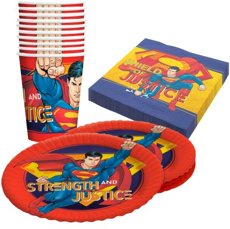 Party Factory `Superman´ 40-teiliges Party Set mit 10 Bechern 250ml, 10 Tellern Ø 23cm und 20 Servietten 33x33cm, Partygeschirr für Geburtstag und Mottoparty