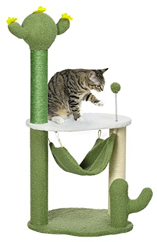 PawHut Árbol Rascador para Gatos con Forma de Cactus Altura 90 cm Torre para Gatos con Hamaca Plataforma Postes de Sisal y Bola Divertida 45x45x90 cm Verde