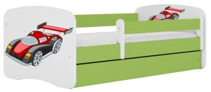 Babybett 80 x 180 cm, Grün ohne Schublade, inkl. Matratze, Motiv Rennwagen