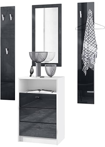 Vladon Garderoben-Set Pino V2, Made in Germany, 2 Wandpaneele 140 cm und Anrichte mit 3 Schubladen & 1 offenem Fach, Weiß matt/Schwarz Hochglanz (56 x 86,5 x 36 cm)