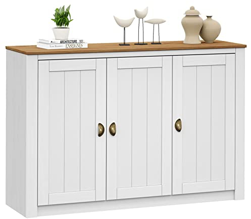 IDIMEX Sideboard Bolton aus Kiefer in weiß/braun, Kommode mit 3 Türen und Muschelgriffen, Buffetschrank aus Massivholz inkl. Einlegeböden