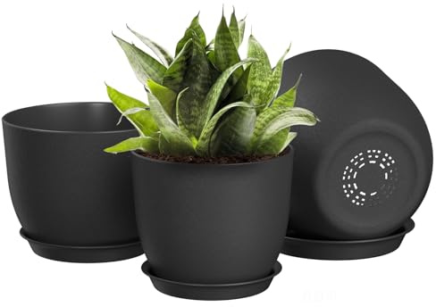 FIASON 25/23/20 cm Schwarz Blumentopf, Kunststoff-kräutertopf mit Drainagelöchern und Untertassen, EIN Set aus 3 Blumentöpfen für den Innen- und Außenbereich