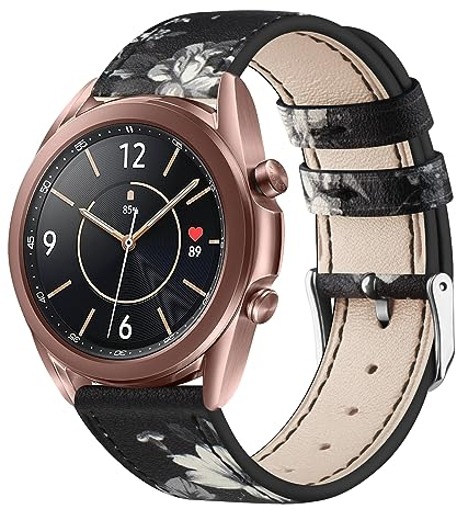 Vancle für Samsung Galaxy Watch 3 41mm Armband Leder Damen Herren,Weiches Atmungsaktives Leder Sport Armband Ersatzarmbänder für Samsung Galaxy Watch 3 Armband 41mm(Schwarzgraue Blume)