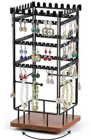 QILICZ Présentoir à bijoux rotatif 4 niveaux - Support pour boucles d'oreilles - Support pour boucles d'oreilles - Arbre à bijoux - Rangement pour colliers, boucles d'oreilles, montres