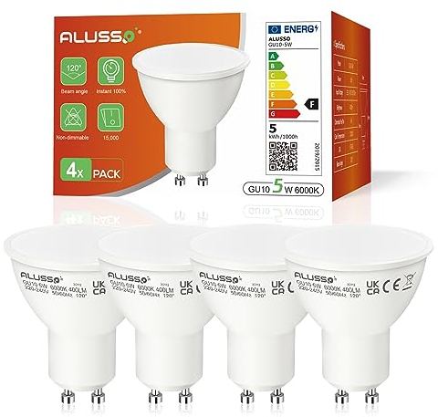 ALUSSO LIGHTING GU10 LED 5W Glühbirne Kaltweiß 6000K, Ersetzt 50W Halogenlampen, 400 Lumen Leuchtmittel, Abstrahlwinkel 120° Flimmerfrei Strahler, Nicht Dimmbar Reflektorlampen, 4er-Pack