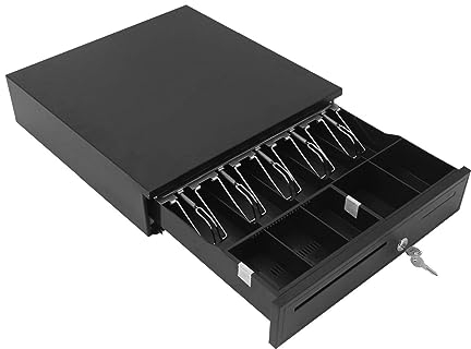 Trintion Kassenlade Elektrisch Kassenschublade mit 5 Münzfächer 5 Scheinfächer Geldlade Elektrische und Manuelle Öffnung Geldschublade Geldbox Banknotenfächern Schwarz