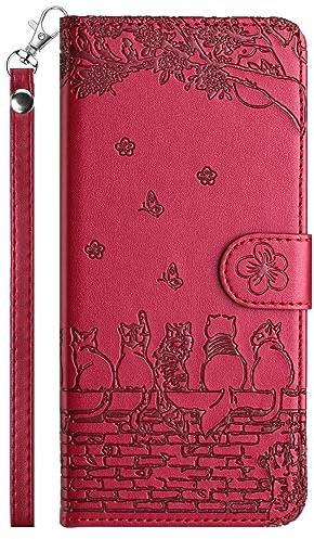 FALUWONRU Custodia per iPhone 6/6s Cover Portafoglio Protettiva Libro Cover Flip Caso Phone Magnetica Custodie in Con Slot per Schede e Magnetica Supporto,Gatti PU Pelle Custodia,Rosso