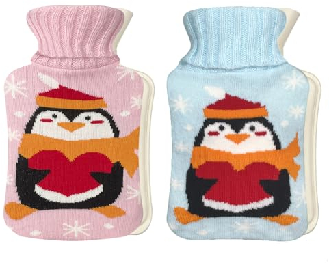 Wärmflasche mit Bezug, 1 l, blauer Pinguin und rosa Pinguin
