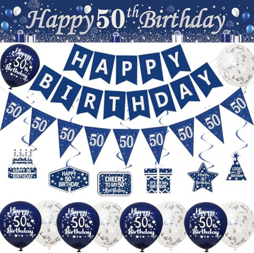 Happy 50th Birthday Decorations for Him - Blue Silver 50th Birthday Banners, Party Decor with Banner, Bunting, Garland, Swirls, Confetti, Latex Balloons, Triangle Flags