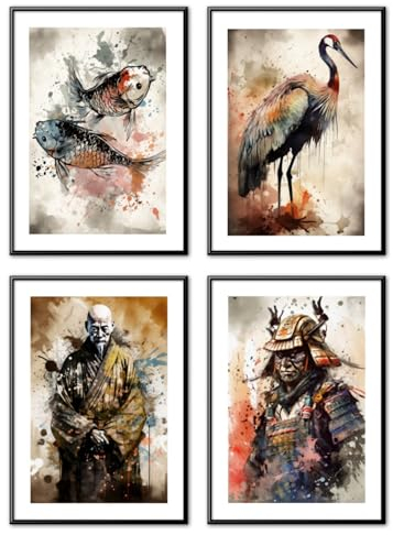 MJ-Graphics | Poster Set Japan Samurai Bushido Wohnzimmer & Schlafzimmer | 4x Din A4 300g Qualitätsdruck | Meditation Zen | Braun Wanddeko ohne Rahmen