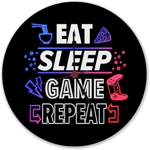 speecheese Eat Sleep Game Repeat Zocker Wanduhr Uhr für Spieler und Konsolenspieler mit witzigem Spruch und Neonmotiv Dekoration für das Gamerzimmer