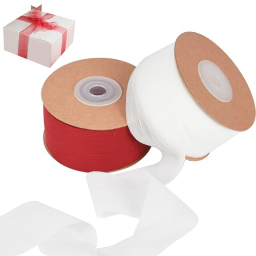 NAROSEBE 2 Rollen Geschenkband Weiß Rot Schleifenband 38mm x 22m Hochzeit Chiffonband Weiss Geschenkbänder Satinband Rot Dekoband für Taufe und Geburtstag Geschenke