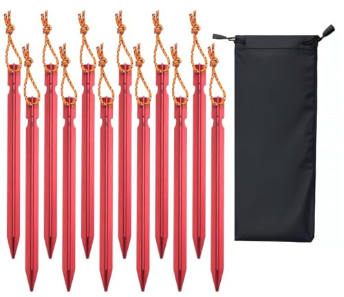 Keovoker 12 Pack Tent Stakes, 7-inch Ultralight Aluminum Ground Pegs with Reflective Pull Ropes, Tri-Beam Stake in a Carrying Bag, for Camping, Backpacking, Hiking, Hammocks and Canopy, Red
