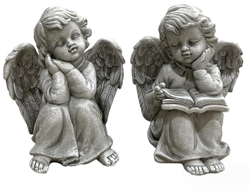 2er-Set Deko Engel Figuren, 2 Schutzengel sitzend träumend, Deko Figur Engelpaar, je 9,5 x 9,5 x 13,0 cm, Engelkinder, Engelfiguren, Deko-Engel, Engelchen für den Garten, Grabdekoration, Grabschmuck