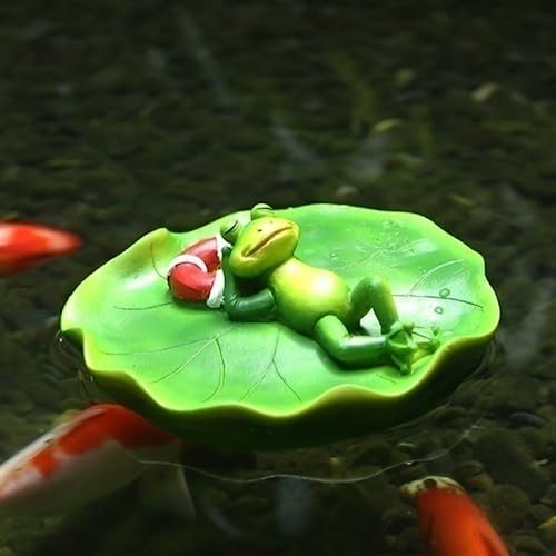 Pesoncarl Schwimmender Frosch für Teichschmuck Frosch Harz schwimmende Froschstatue süßer Frosch schlafen auf Lotusblatt für Garten Teich Pool Dekor Style1 21x11x9cm, Gartenstatue
