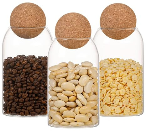 HOUSSE CO.® Tarro de vidrio con tapa de corcho, vidrio de borosilicato premium sin BPA, grosor de 3 mm, para café, té, especias, sal, azúcar, frutos secos, dulces, galletas, pasta y harina (3x800 ml)