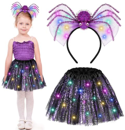 Beipegin Kostüm Spinne Kinder Mädchen,LED Tüllrock Led Lichter Spinne Haarreifen Halloween Kostüm Kinder Spinne Verkleidung Karneval Rollenspiele Party