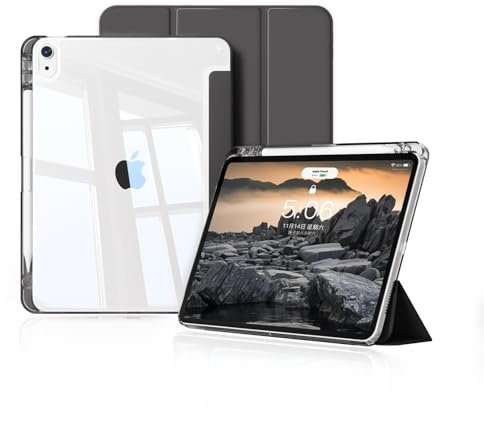 KVTVOU Coque pour iPad Air 11 Pouces M3/M2 (2025/2024), pour iPad Air 5ème/4ème (2022/2020 10,9 Pouces), Rangement de Stylet, Housse Transparente Claire Etui Antichoc, Veille/Réveil Auto, Noir