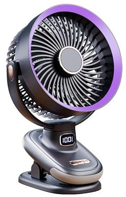 Oscillating Clip-On Desk Fan USB with 2400mAh Battery, Silent Fans for Bedroom Sleeping, 5-Speed Table Fan for Bedroom, Timer Function, Wall Fans Wall Mounted, Digital Display (Dark Grey/ Purple)