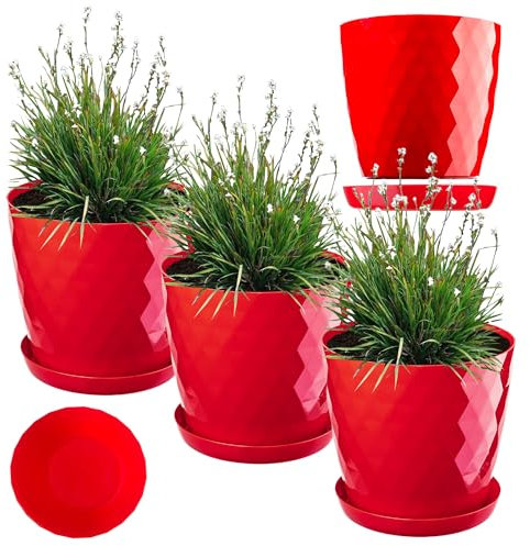 KADAX Pot de Fleurs en Plastique avec Soucoupe Intégrée, Pot de Plante pour Une Décoration Florale Moderne dans l'espace Interieur (Lot de 3 : Rouge, 18 cm)