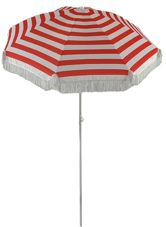 Petit parasol de terrasse à rayures rouges de 1,8 m avec franges UPF50+ pour piscine, balcon, jardin, hauteur réglable, inclinable et inclinable