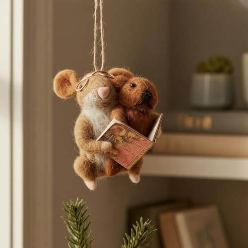 Needle Felt Mouse Reading to Teddy – Handmade Matty Mouse Love Gift – Cute Felt Decoration for New Baby & Family
