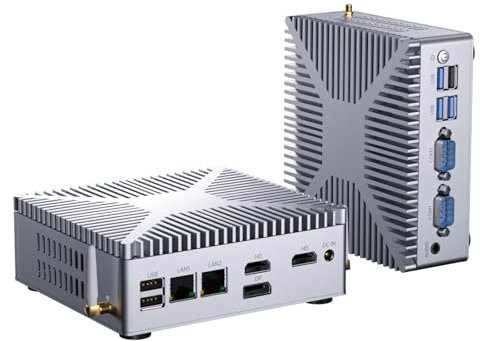 Mavsloly PC industriel sans ventilateur, mini ordinateur avec processeur N100 (4C/4T, max 3,4 GHz), 16 Go de RAM 256 Go SSD, double LAN, 2 ports HDMI, 1 triple écran DP, WiFi 6, 2 COM RS232, Windows