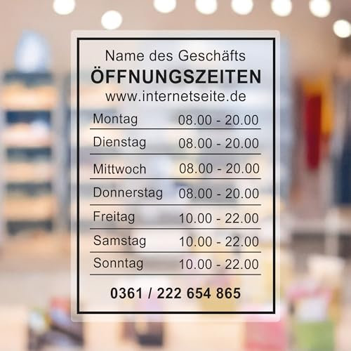 KIWISTAR - Öffnungszeiten - 297x210mm - Schwarz - personalisiert - Fensterfolie - Wunschtext - Schaufensterbeschriftung - Aufkleber - Milchglas - blickdicht - Glasdekorfolie - blickdicht