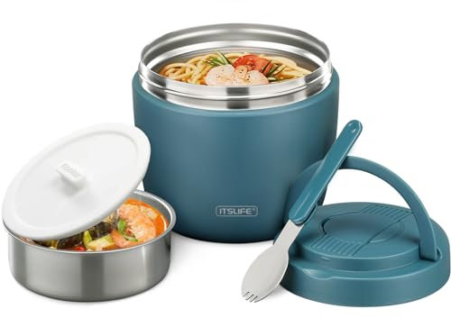Thermobehälter für Essen 970ml, Thermoschüssel mit Deckel, Warmhaltebehälter aus Edelstahl mit Löffel, Thermoskanne Essen Auslaufsicher, Thermo Lunchbox für Suppen, Babybrei, Porridge (Hellblau)