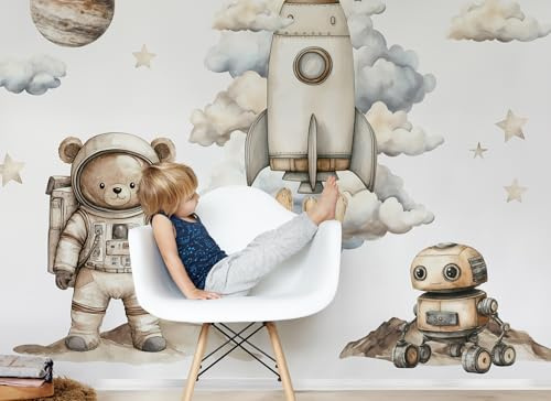 Wandtattoo Kosmos Mond Sonnensystem Astronaut Sterne Kinderbilder Junge Kinderzimmer Mädchen Aufkleber Osomhome | Weltraum, Rakete, Teddybär-Astronaut (Teddybär, M)