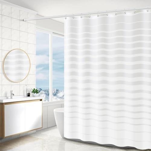 Duschvorhang Anti-Schimmel 180x200cm,Wasserdichter Duschvorhang,Gestreift Weiß Anti Schimmel Duschrollo,Badezimmer-Zubehör,Waschbar Schnelltrocknend Wasserabweisend,Geeignet Wohnheime,mit 12 Ringen