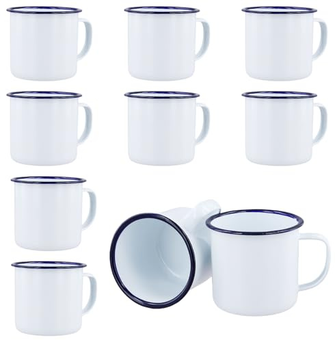 KEILEOHO 10 PCS 350ml Enamel Mugs, 12oz White Coffee Enamel Cups for Camping, Picnic