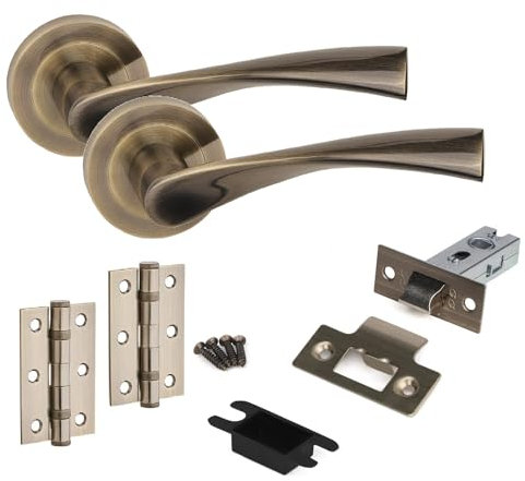 Golden Grace Astrid Design Door Handles in Antique Brass Finish with Tubular Latch & 1 Pair of 3 Ball Bearing Hinges - 1 Set