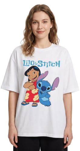 Disney Lilo & Stitch Women's Graphic Tee in White | Classic Cartoon Characters Crew Neck T-Shirt | Plain Short Sleeve Top for Casual Wear | Women's Lilo & Stitch Apparel