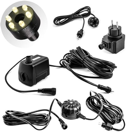 CLGarden Springbrunnenpumpe Set 500 l/h mit 1x LED Ring Beleuchtung warmweiß und Lichtsensor Teichpumpe für Quellstein Wasserspiel 12V