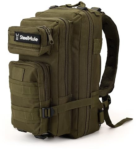 SteelMule Mochila Táctica Militar 26L Impermeable - Correas Ajustables - Mochila MOLLE - Bolsillo Antirrobo - Mochila Supervivencia 2 Días, Senderismo, Caza, Campamento, Airsoft - Mochila Cabina Verde
