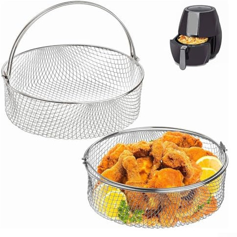 Air Fryer Basket, 8 Inch Air Fryer Replacement Accessory Mesh Basket with Handle, 18/8 Stainles Steel Steamer Basket for Air Fryer, Oven, Steamer