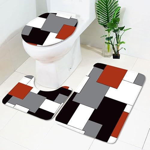 Badezimmerteppich Grau Rot Geometrie WC Vorleger mit Ausschnitt WC Deckelbezug 3 Teiliges WC Teppich rutschfeste Badgarnitur U förmiger Badematte Waschbar Bad Teppiche Set 50x80 cm